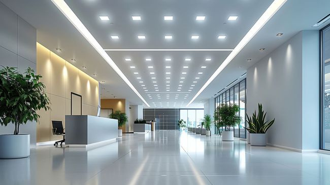 Bright, modern office lobby with a reception desk, plants, and large windows. White walls and ceiling with square lights.