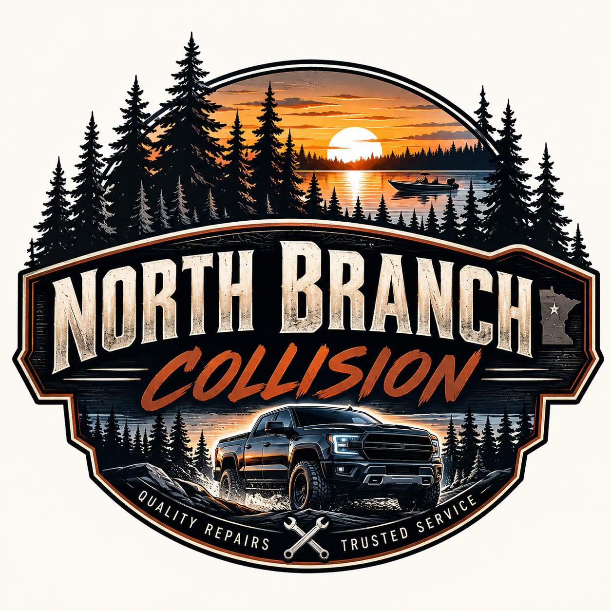 North Branch Collision logo with forest sunset, truck, and rustic emblem design