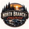 North Branch Collision logo with forest sunset, truck, and rustic emblem design