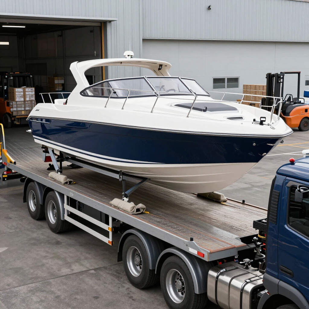 White and navy motor yacht on a flatbed trailer in an industrial yard