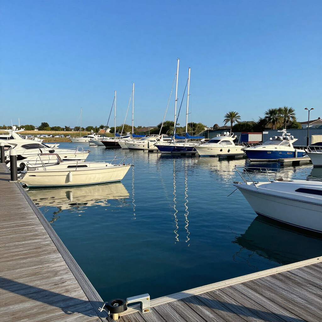 Marina with white yachts docked on calm blue water under a clear sky