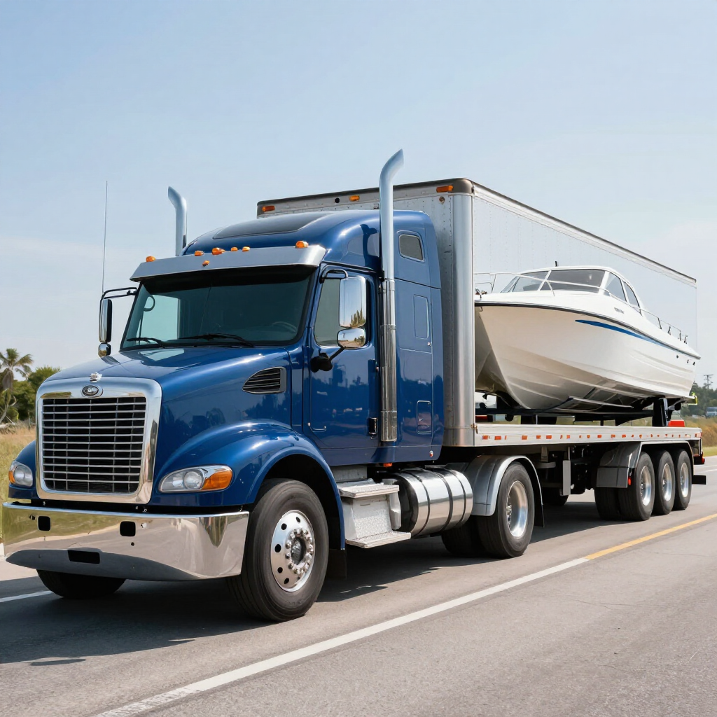 Blue semi-truck hauling a white boat on a flatbed trailer along a sunny road