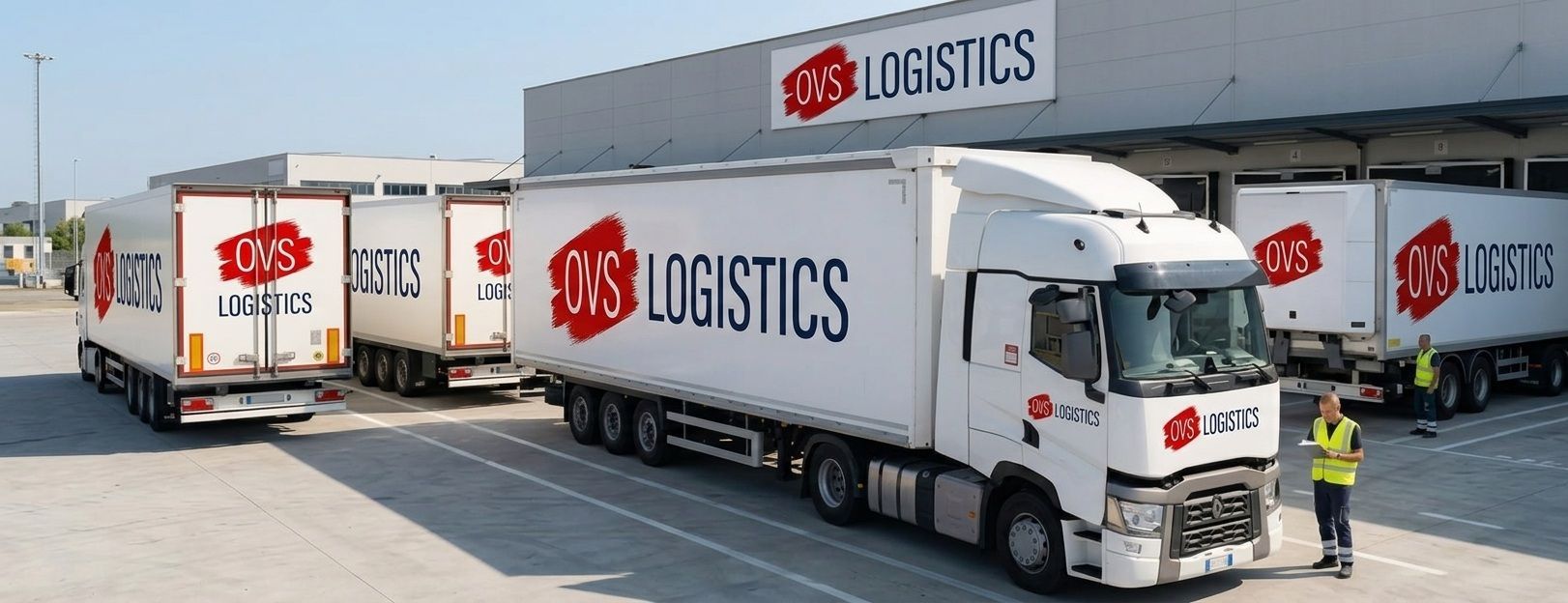 DHL logistics trucks lined up at a loading dock, with a worker in a high-visibility vest nearby.