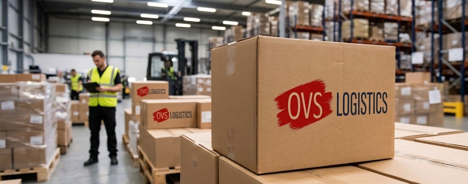 Warehouse worker in a hi-vis vest among stacked boxes labeled “DVS Logistics”
