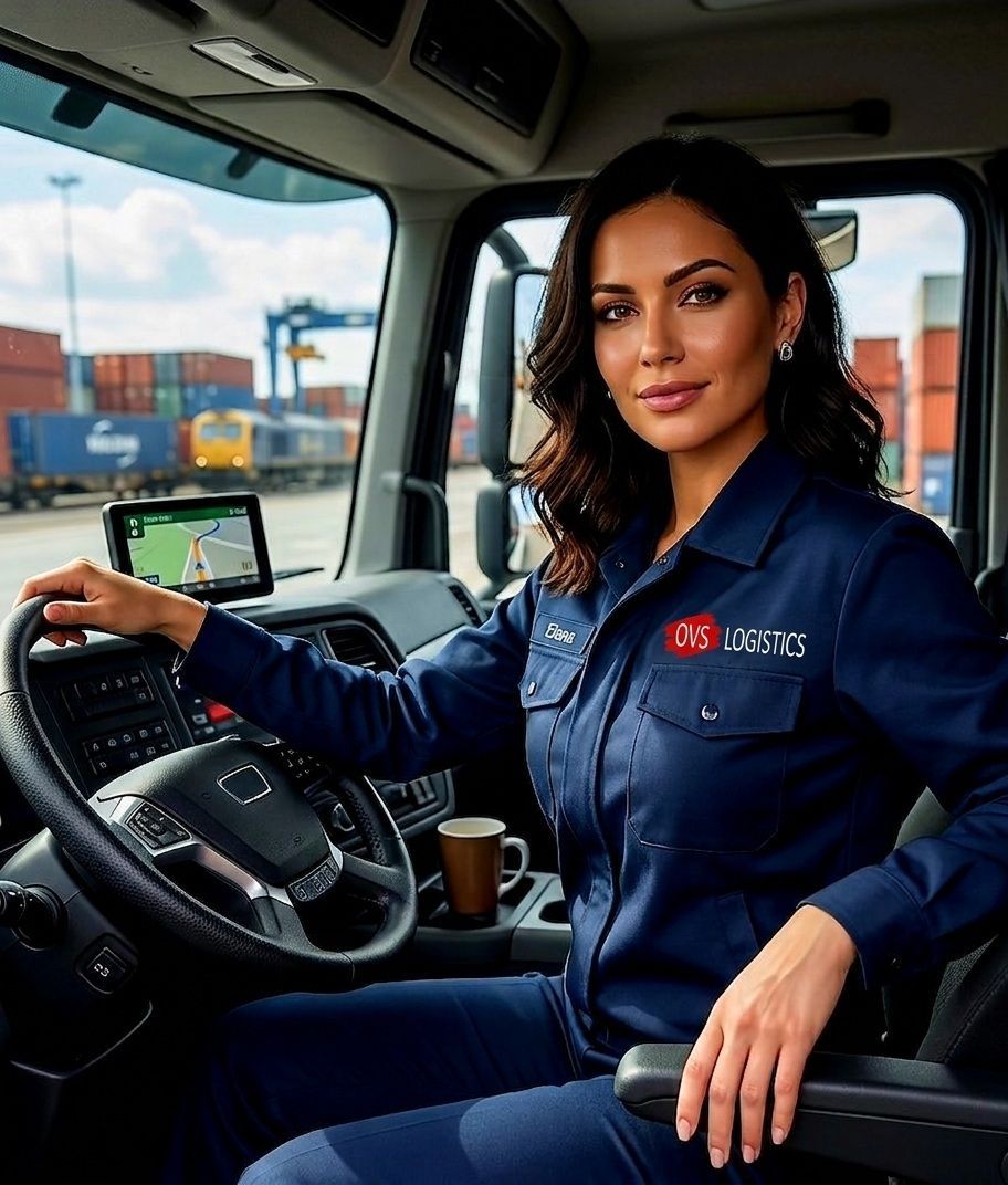 Truck driver in blue uniform seated in a cab, holding the wheel with a GPS screen nearby.