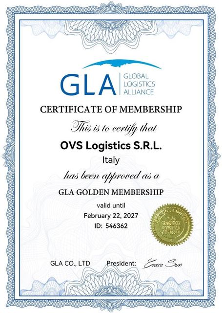 GLA Certificate of Membership for OVS Logistics S.R.L., Italy, with gold seal on ornate border