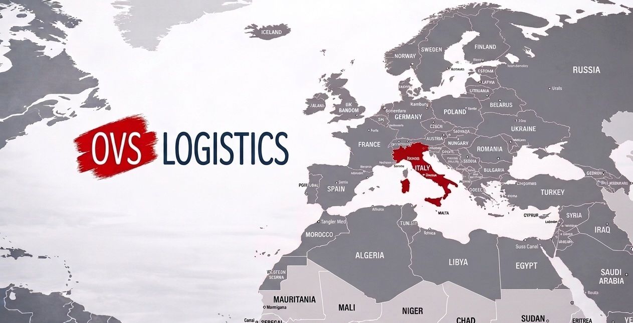 OVS Logistics logo over a gray world map, with Italy highlighted in red.