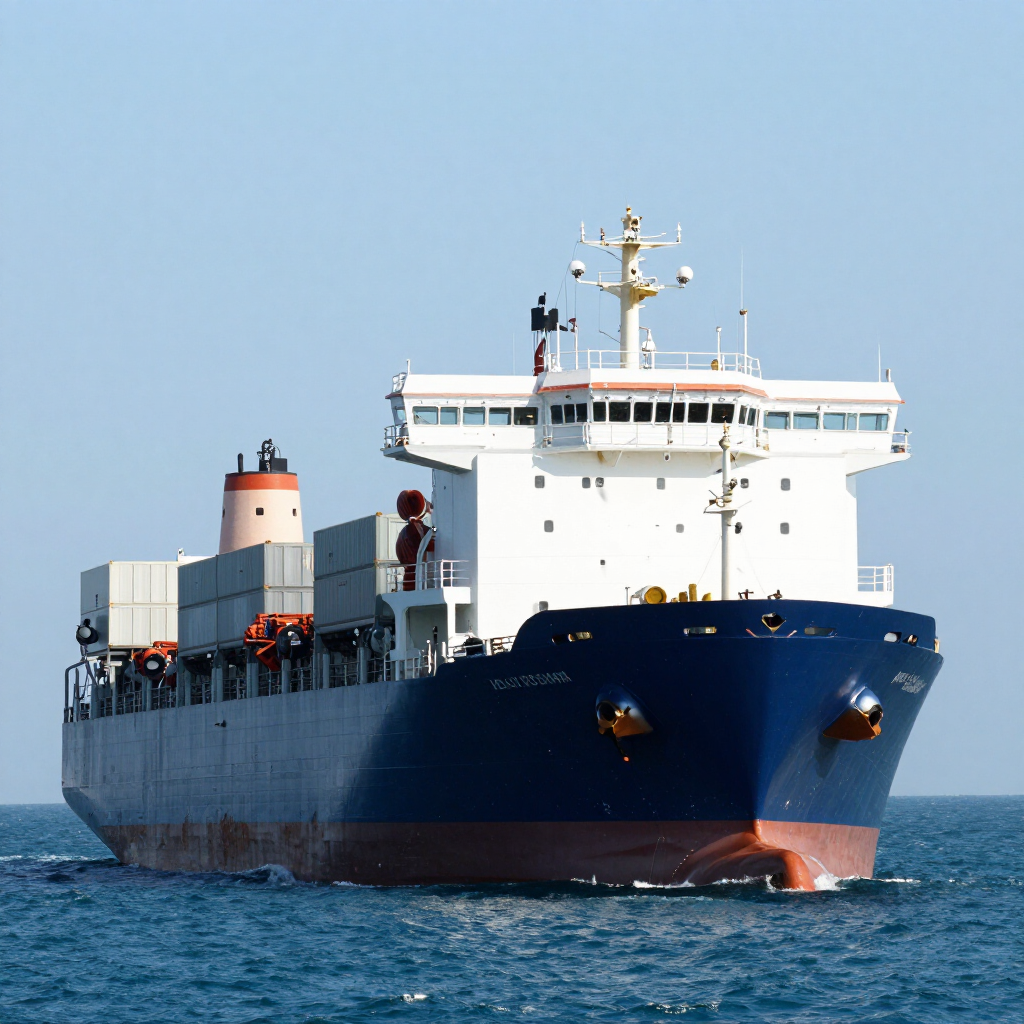 Cargo ship sailing on calm blue sea, white superstructure and dark blue hull under clear sky