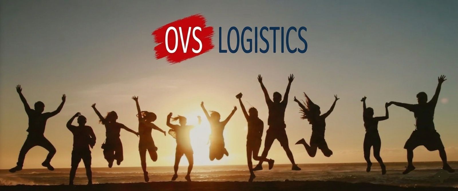 OVS Logistics logo over silhouettes of people jumping at sunset on a beach