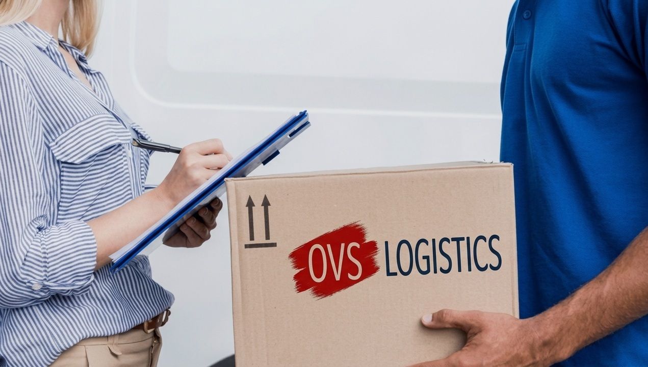 Two people handling a cardboard box labeled “CWS Logistics” while one holds a clipboard.
