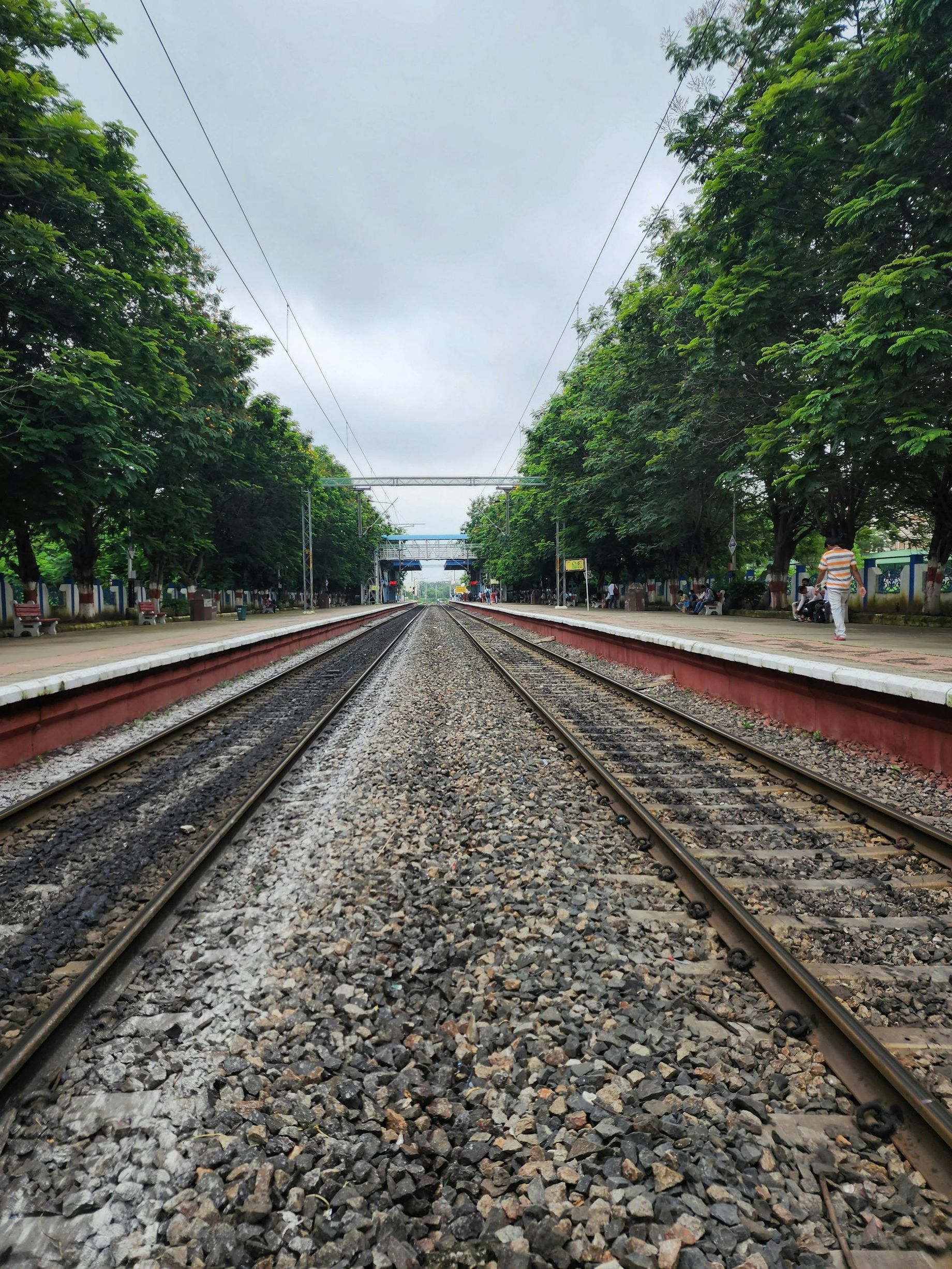 Railway tracks stretching into the distance, lined by trees and red platforms under an overcast sky