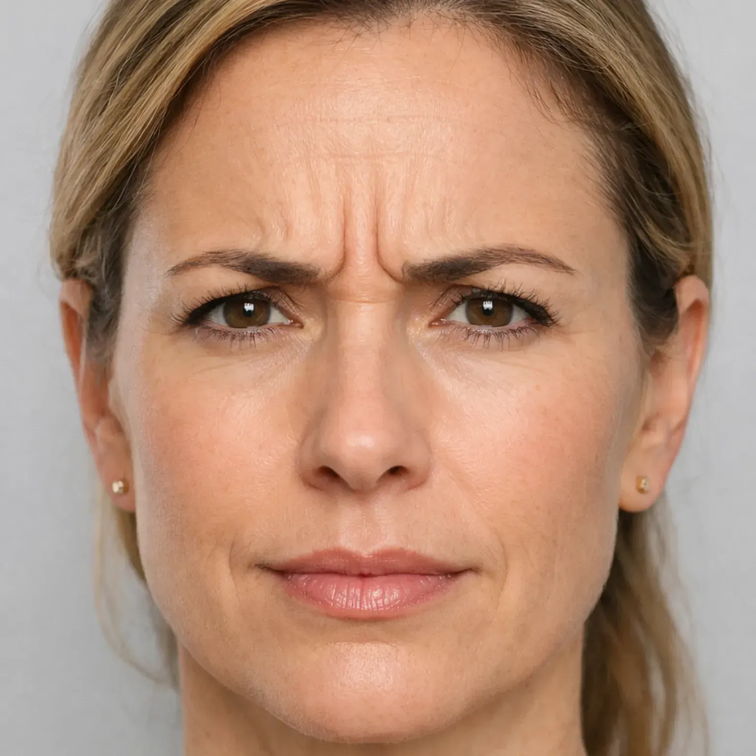 Close-up portrait of a person with a serious expression and furrowed brows against a light background