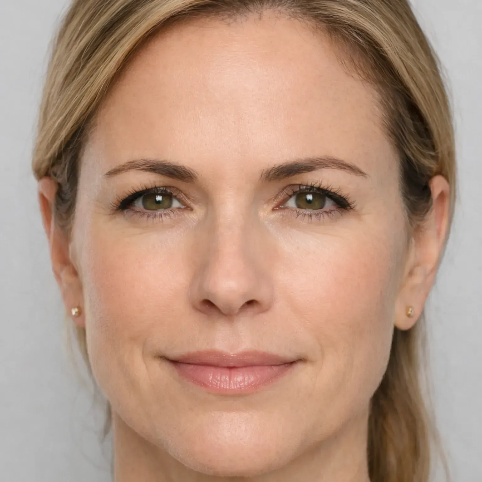 Close-up portrait of a blonde person with a neutral expression against a light background