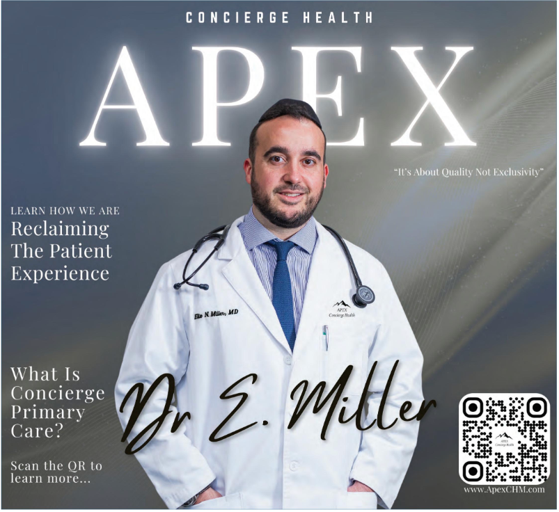 Doctor in white coat on APEX magazine cover with “Reclaiming the Patient Experience” and QR code