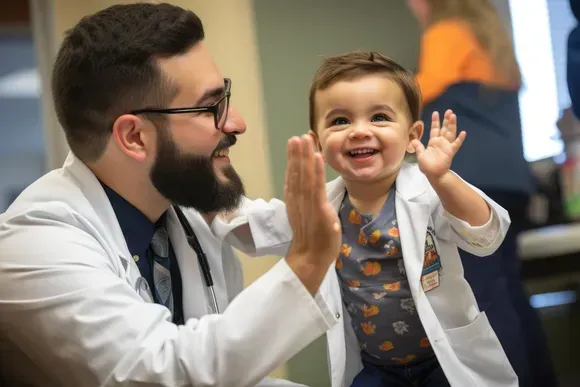Doctor high-fiving a smiling toddler in a white coat in a clinic setting