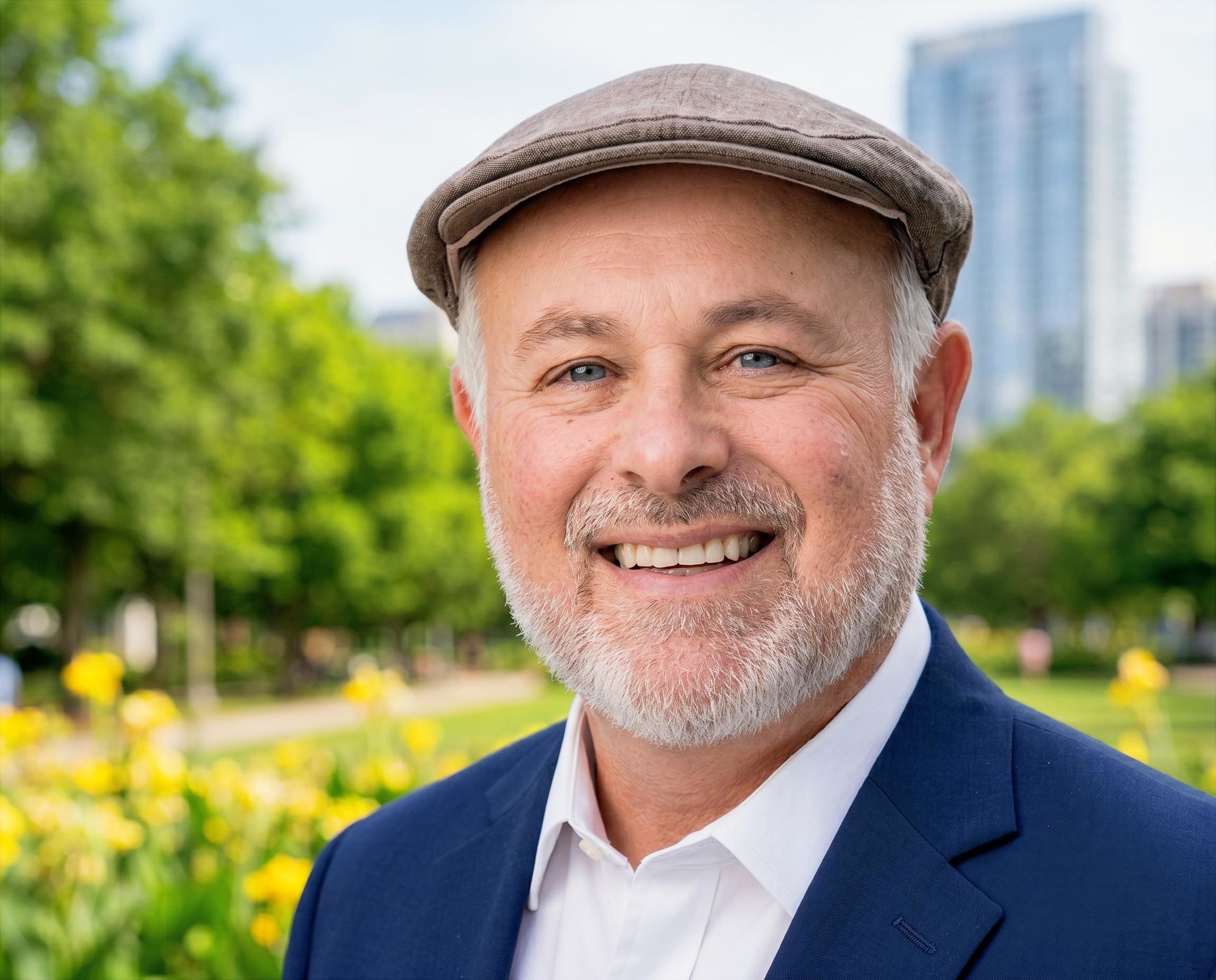 Smiling man in a gray cap and blue blazer standing in a sunny park with flowers and city buildings behind him