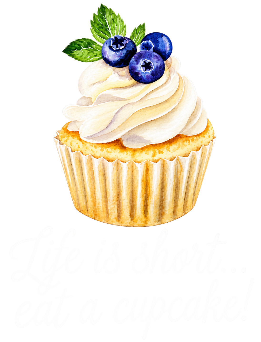 A cupcake with whipped cream and blueberries on top