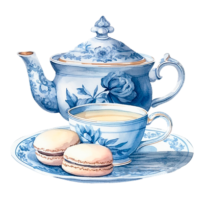 A blue and white teapot with a cup of tea and macarons on a saucer