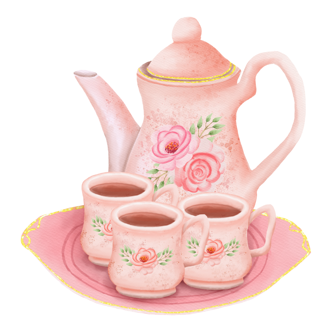 A pink teapot and four cups of tea on a pink plate