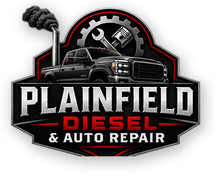 Plainfield Diesel & Auto Specialist logo with black pickup truck, gear, and smokestack