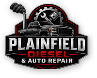 Plainfield Diesel & Auto Specialist logo with black truck, wrench, gears, and smoke