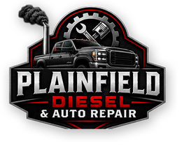 Plainfield Diesel & Auto Specialist logo with black truck, gear, wrench, and smoke on dark badge
