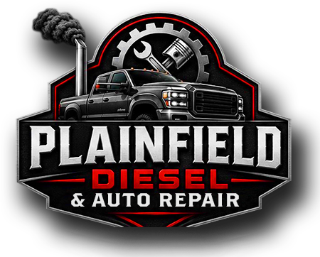 Plainfield Diesel & Auto Repair logo with black truck, gears, and red smoke stack