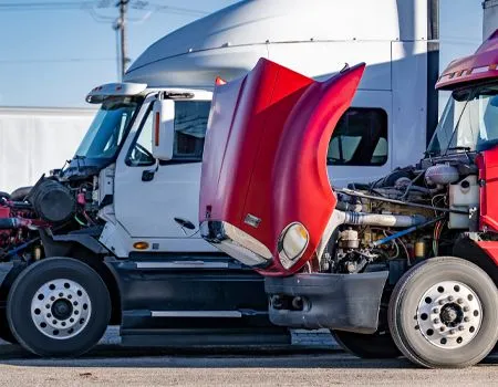 Two semi-trucks with open hoods parked side by side, one red and one white, showing engine compartments