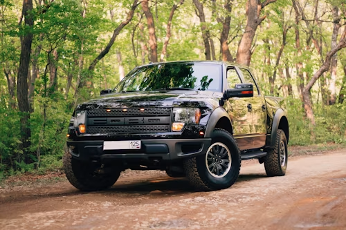 Black pickup truck on a dirt road in a wooded area, viewed from the front-left.