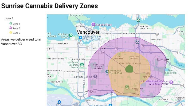 Map of Vancouver, BC, with cannabis delivery zones: Zone 1 (yellow), Zone 2 (purple), Sunrise Cannabis.