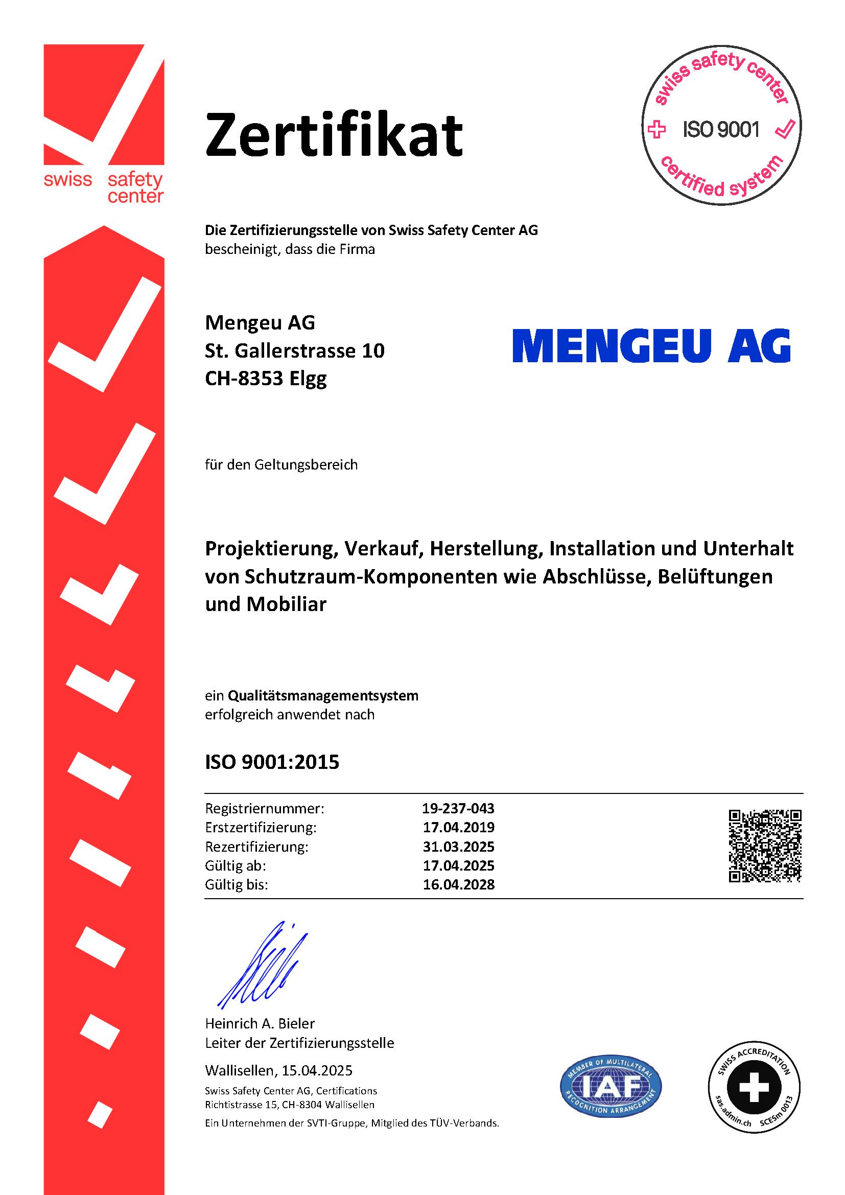 ISO-Zertifizierung Mengeu AG Schutzraumtechnik