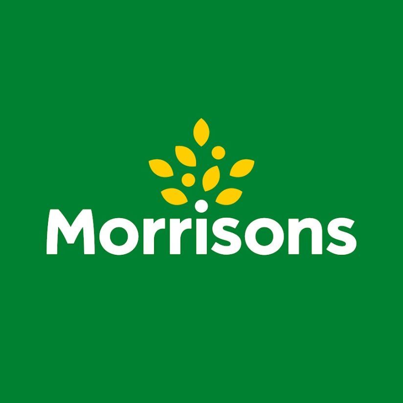 Morrisons supermarket logo: white text on green background, featuring a cluster of yellow leaves.