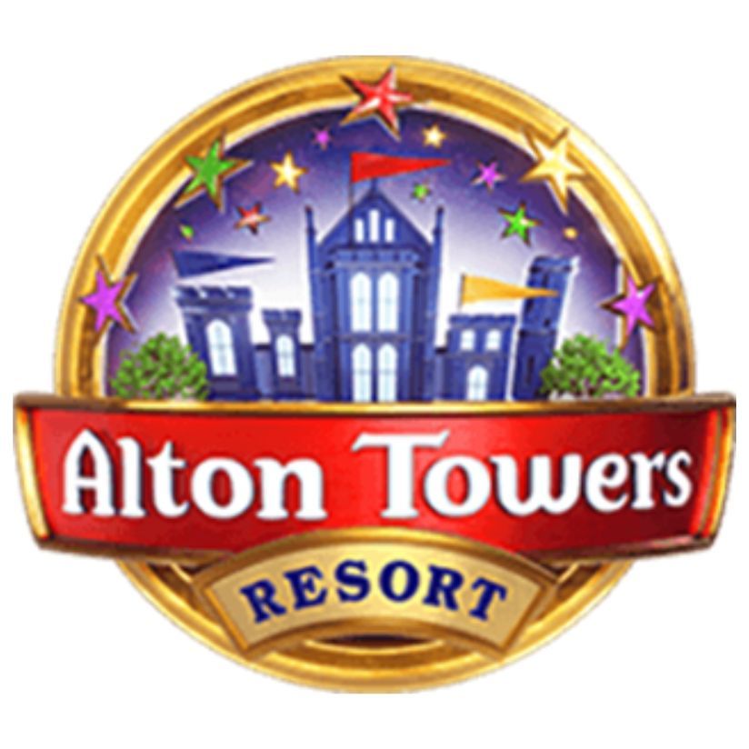 Alton Towers Resort logo: a golden badge with a red banner containing the text "Alton Towers Resort" and a castle silhouette.