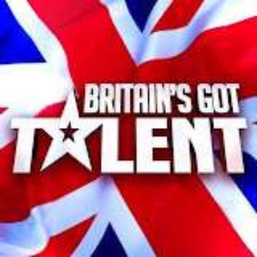 A britain 's got talent logo with a british flag in the background. wedding magic corporate entertainment