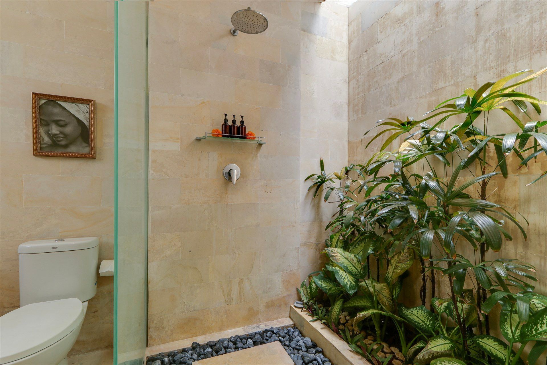 Bathroom with open shower, plants, toilet, and artwork on a light-colored wall.