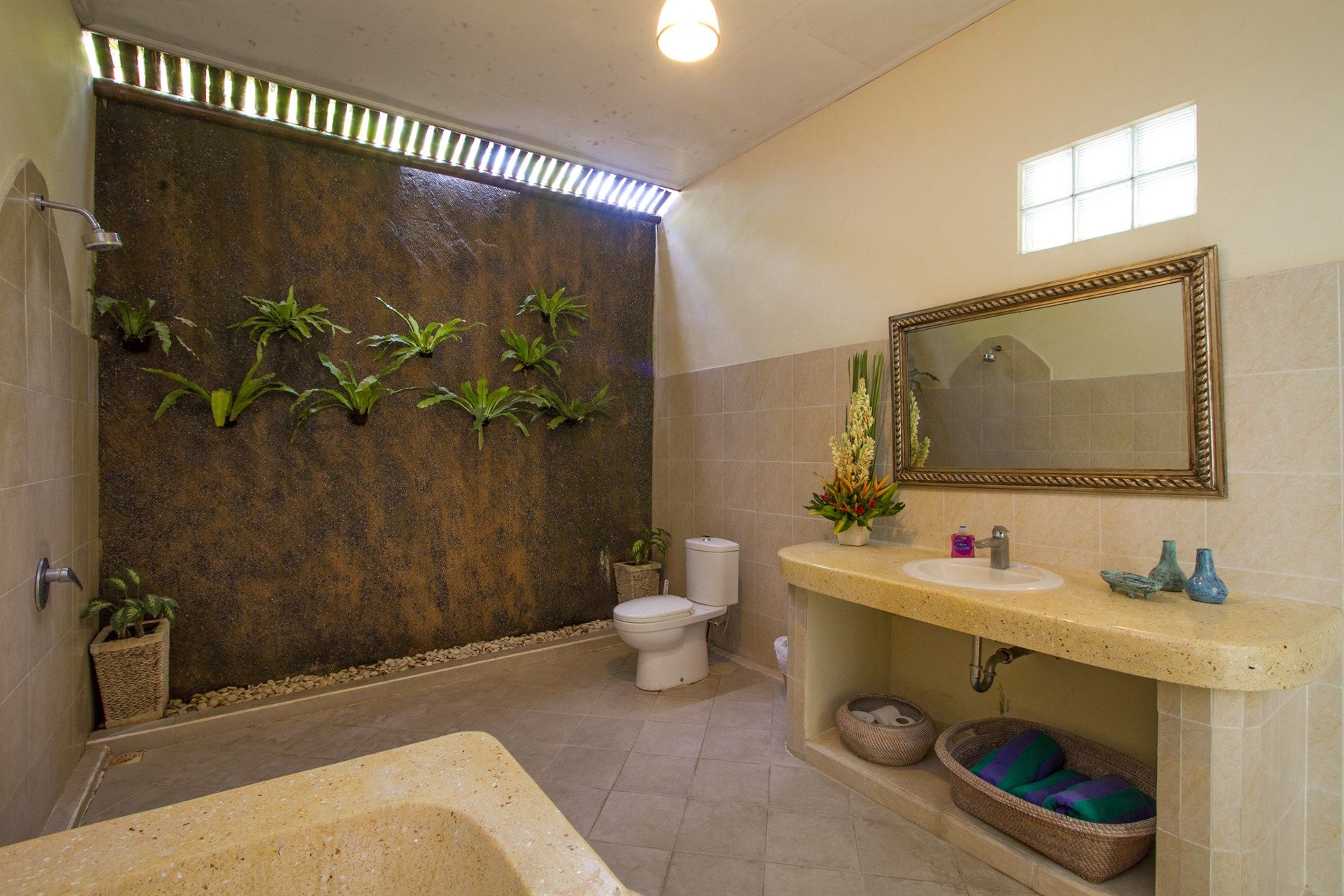 Bathroom with natural stone wall, plants, toilet, sink, mirror, and a partially visible bathtub.