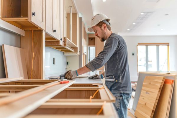 Worker measuring for new cabinetry