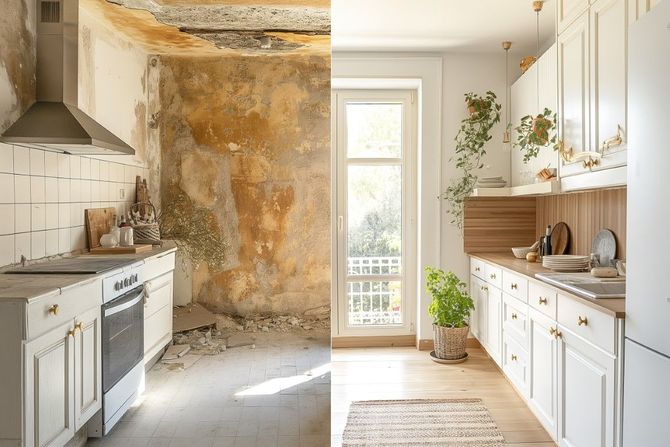 Kitchen in demo phase before and after