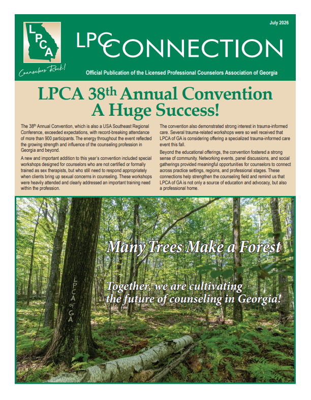 Newsletter cover: LPCA CONNECTION. Article: Mental Healthcare Crisis in Rural Georgia. Sunset over field with trees.