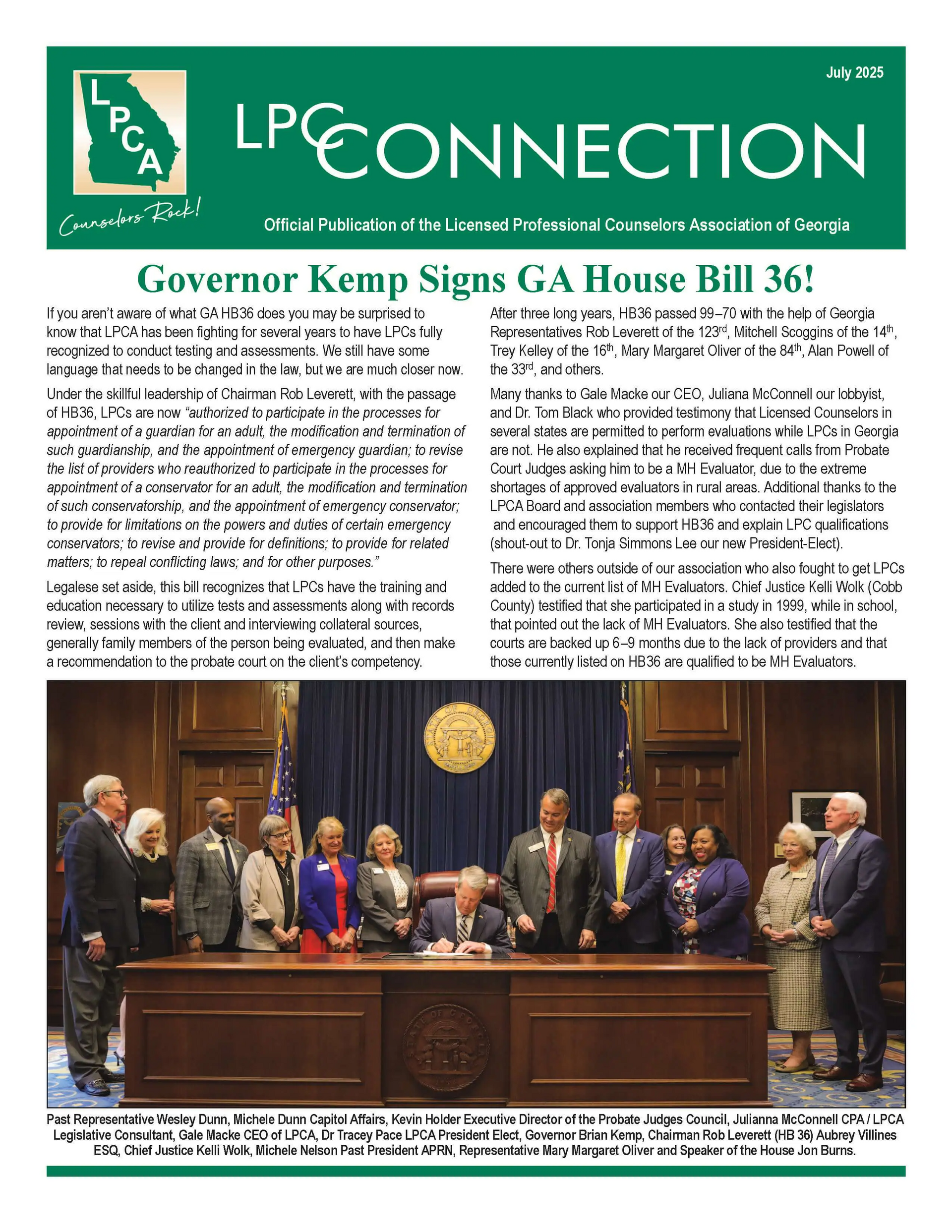 Governor Kemp signs GA House Bill 36 with state officials. Group photo, mahogany table, gold seal, dark wood paneling.
