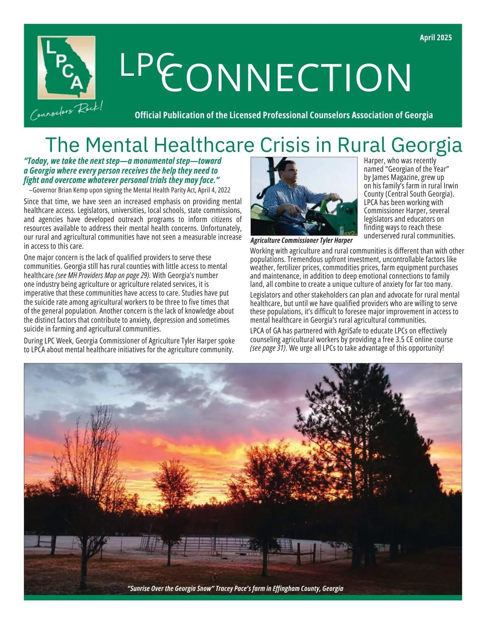 Newsletter cover: LPCA CONNECTION. Article: Mental Healthcare Crisis in Rural Georgia. Sunset over field with trees.