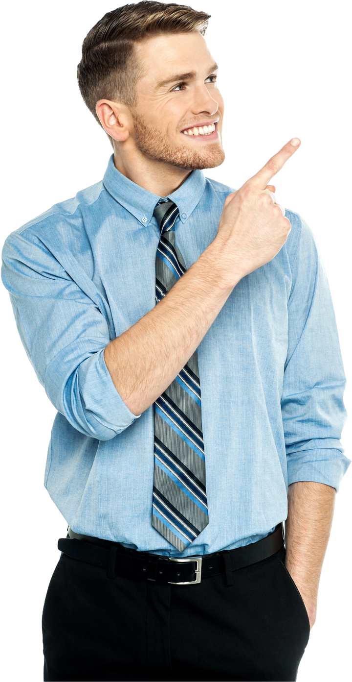 A man in a blue shirt and tie is pointing to the side.
