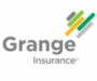 Grange Insurance logo with gray text and green and yellow diagonal stripes