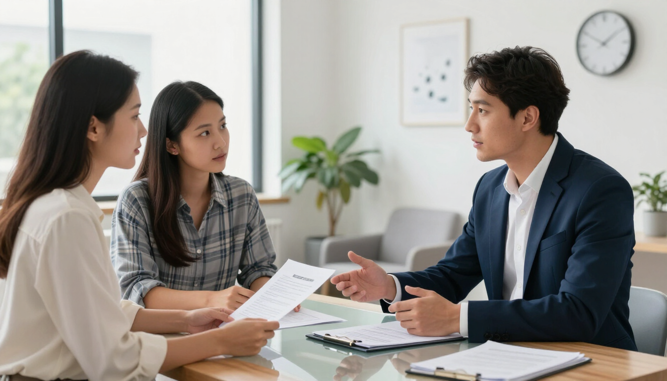 photorealistic professional insurance agent explaining policy details to a couple in a bright modern office natural lighting