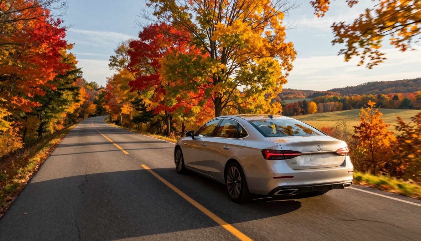 photorealistic modern sedan driving on a scenic pennsylvania country road during autumn warm lighting high detail