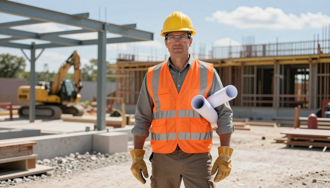 A contractor reviewing blueprints on a job site in Pennsylvania.
