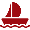 Red sailboat icon with a white sail on wavy water