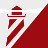 Stylized red-and-white lighthouse logo with diagonal stripes on a white background