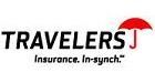 Travelers insurance logo with black text, red umbrella icon, and “Insurance. In-synch.” tagline