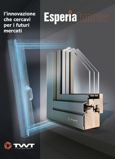 Copertina della brochure di TWT Esperia con profilo di finestra illuminato di blu e slogan italiano su sfondo grigio scuro.